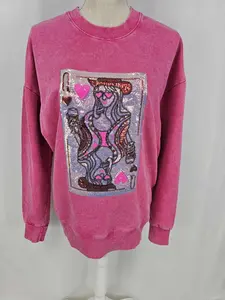 Queen Hearts Cowgirl Lover Card Sequin Acid Wash Crew by Pretty Preppy Co.