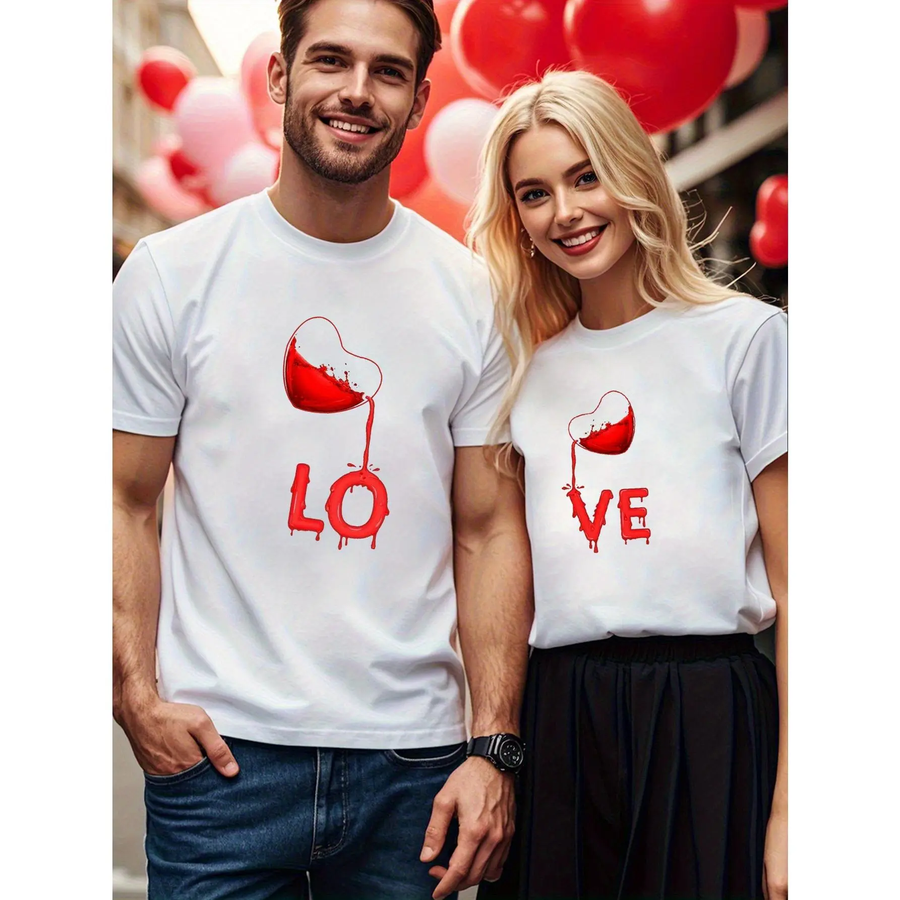 Couples' T-Shirts, 100% Cotton Casual Short-Sleeve Style with King & Queen Crown Print, Matching Valentine's Day Gift Set, Shortsleeve