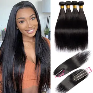 2X6 Lace Closure With Straight Bundles 100% Human Hair Natural Black Weaving Bundles With HD Lace Closure SewIn Remy Hair Extensions For Black Women Double Weft