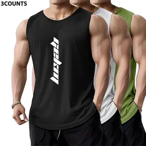 3-pack men’s fitness casual sports tank tops, lightweight sleeveless training T-shirts for summer, suitable for outdoor running, mesh breathable polyester fabric with letter print, American basketball jersey style, casual beach tank tops