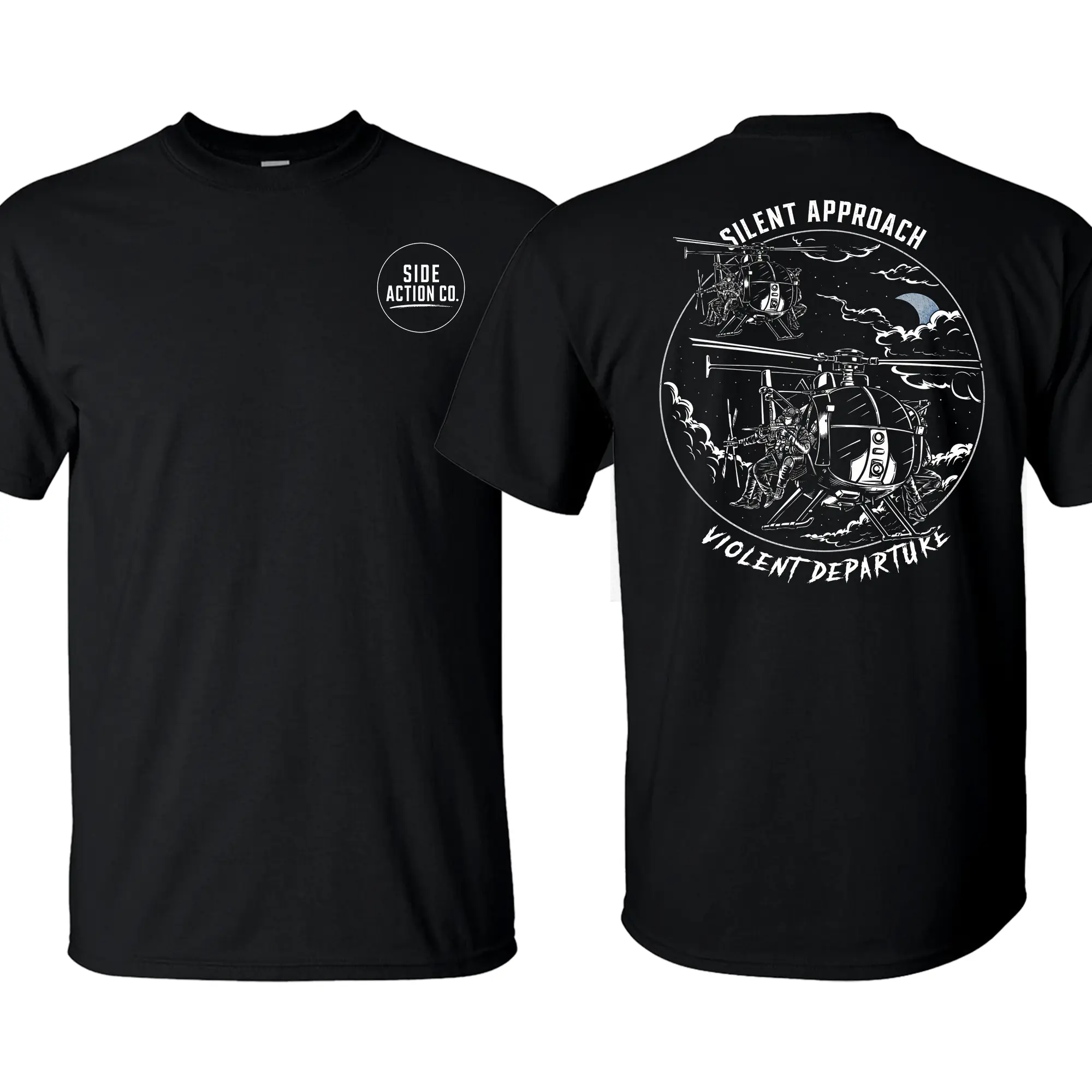 🚁 🪖 Side Action Silent Approach Violent Departure Tactical T-Shirt – Military Helicopter Air Assault Graphic Tee, Huey Aviation Streetwear Shirt for Men, Veteran Gift