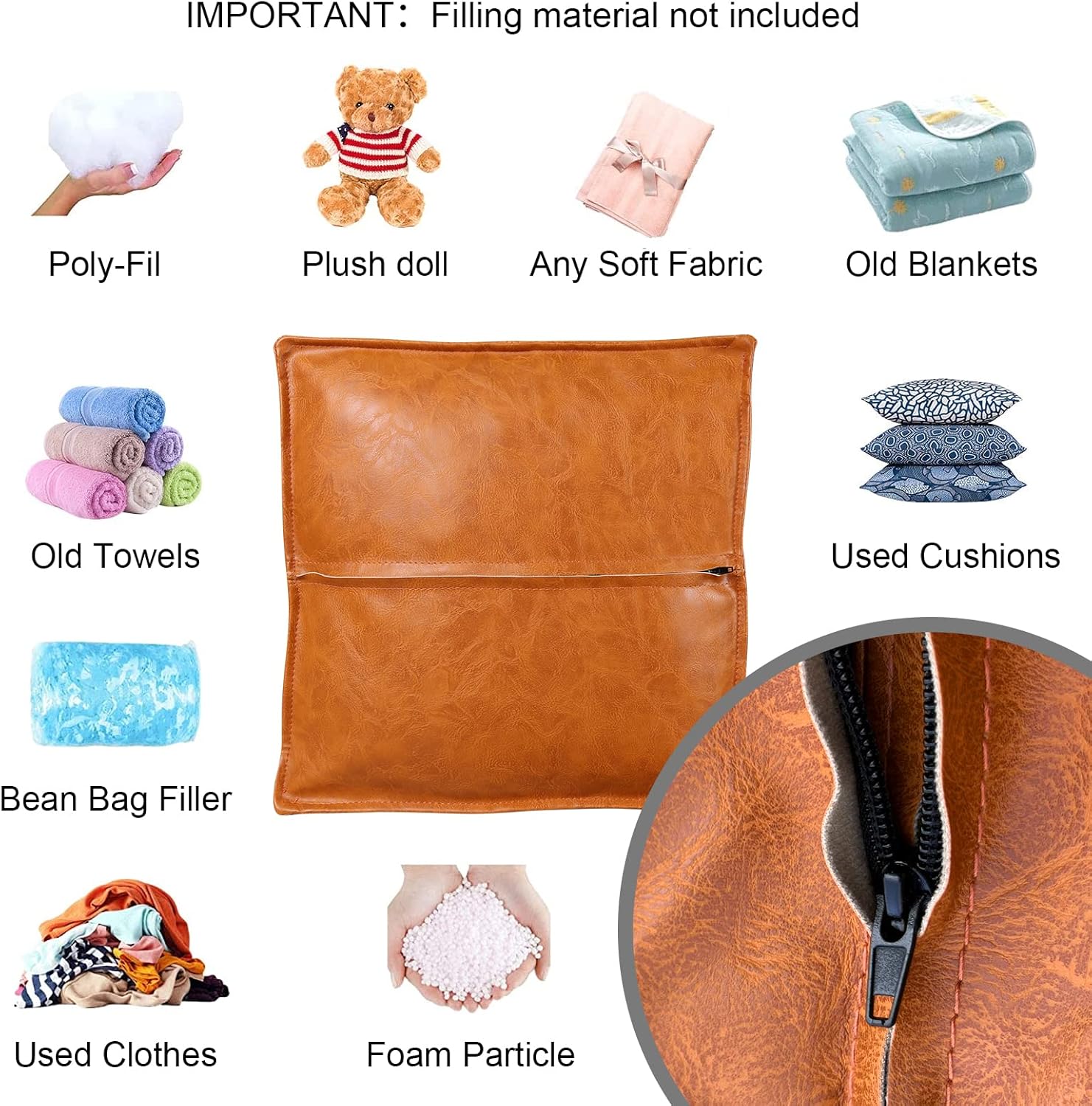 Soft Leather Pouf Ottoman Foot Rest, Unstuffed Floor Cushion with Storage, Handcrafted Foot Stool for Living Room Bedroom, Indoor Outdoor Use, 17 Inch