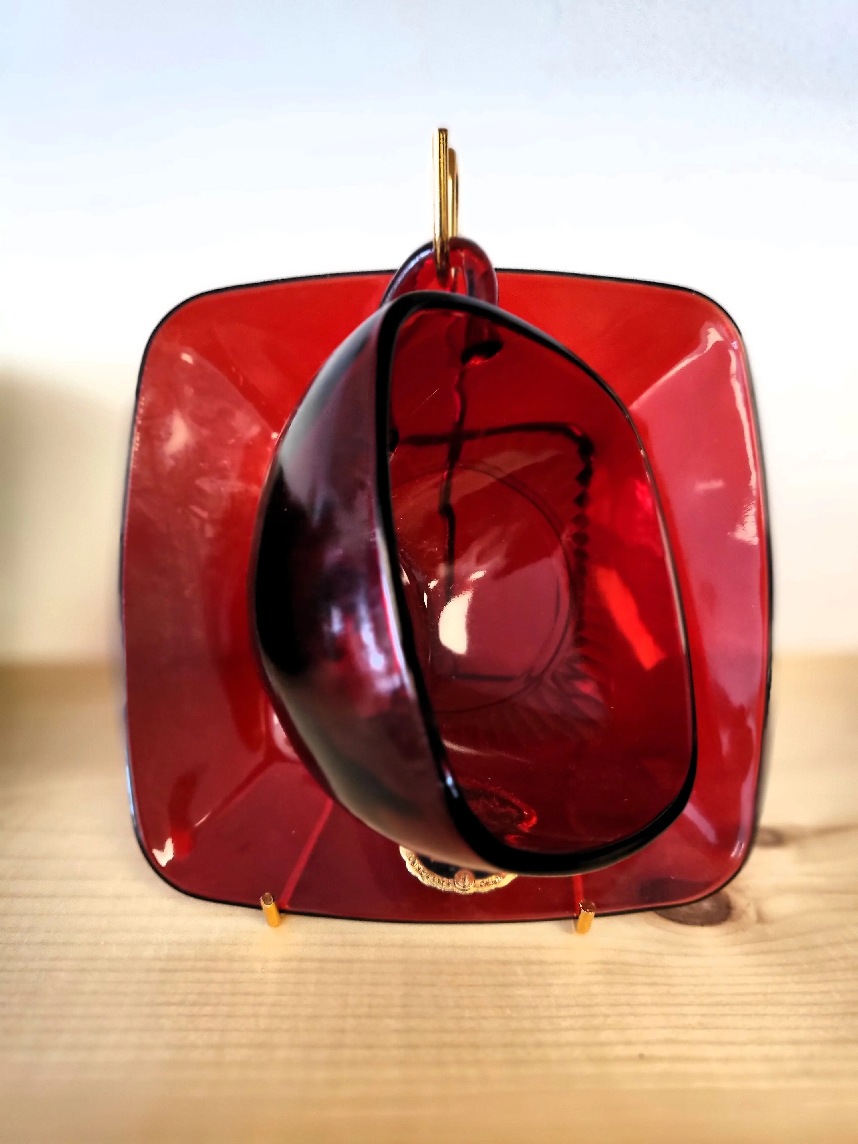 Anchor Hocking 2-Piece Royal Ruby Red Vintage Square Pressed Glass Cup & Saucer Set - 1950s Mid-Century Kitchenware Drinkware, Retro Pick for Cup Collectors (2 pieces included), Two Pieces