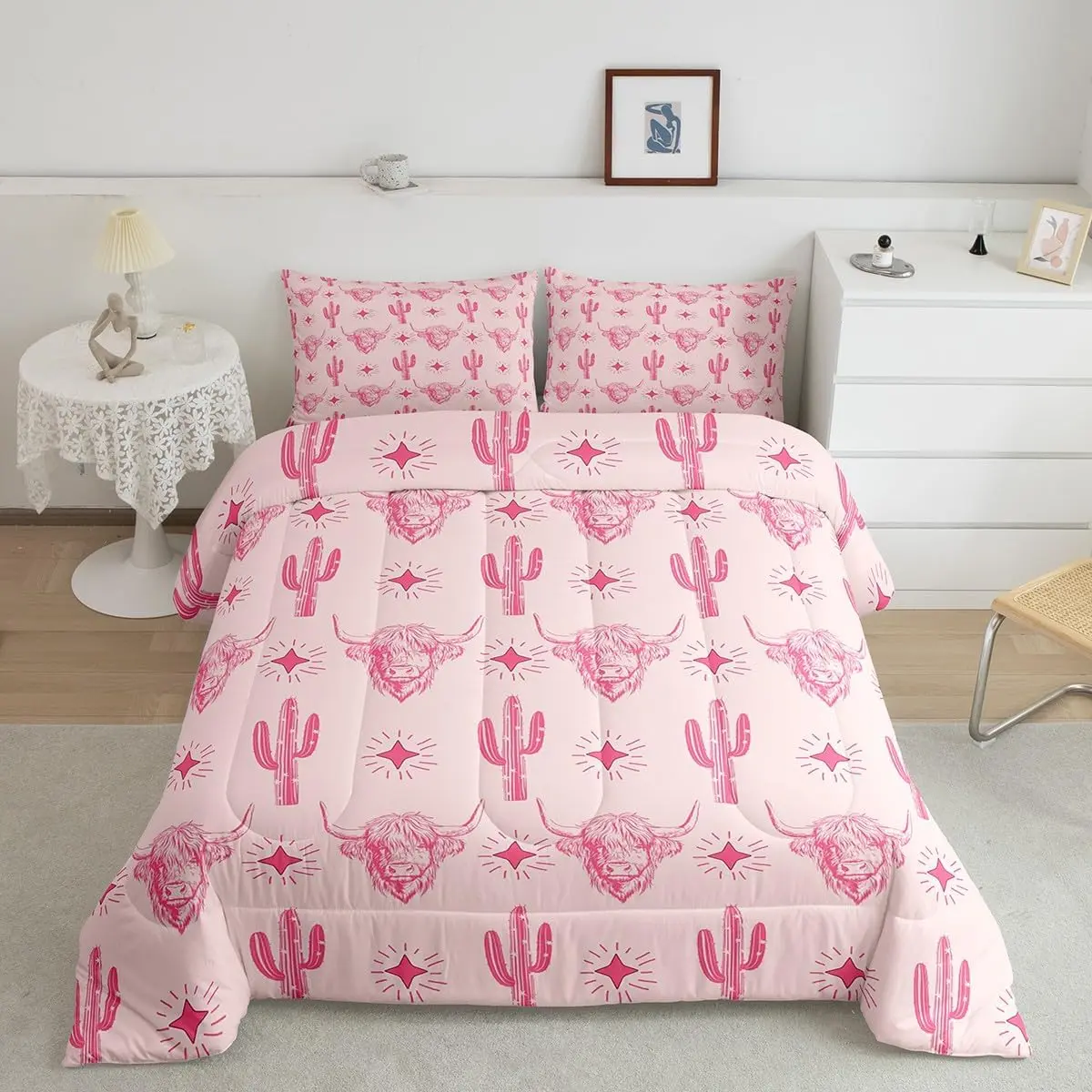 Feelyou Breathable Microfiber Bedding Set - Western-Style Highland Cow Duvet Set for Women's Blush Pink Bedroom Home Furnishings, Breathable Duvet Set