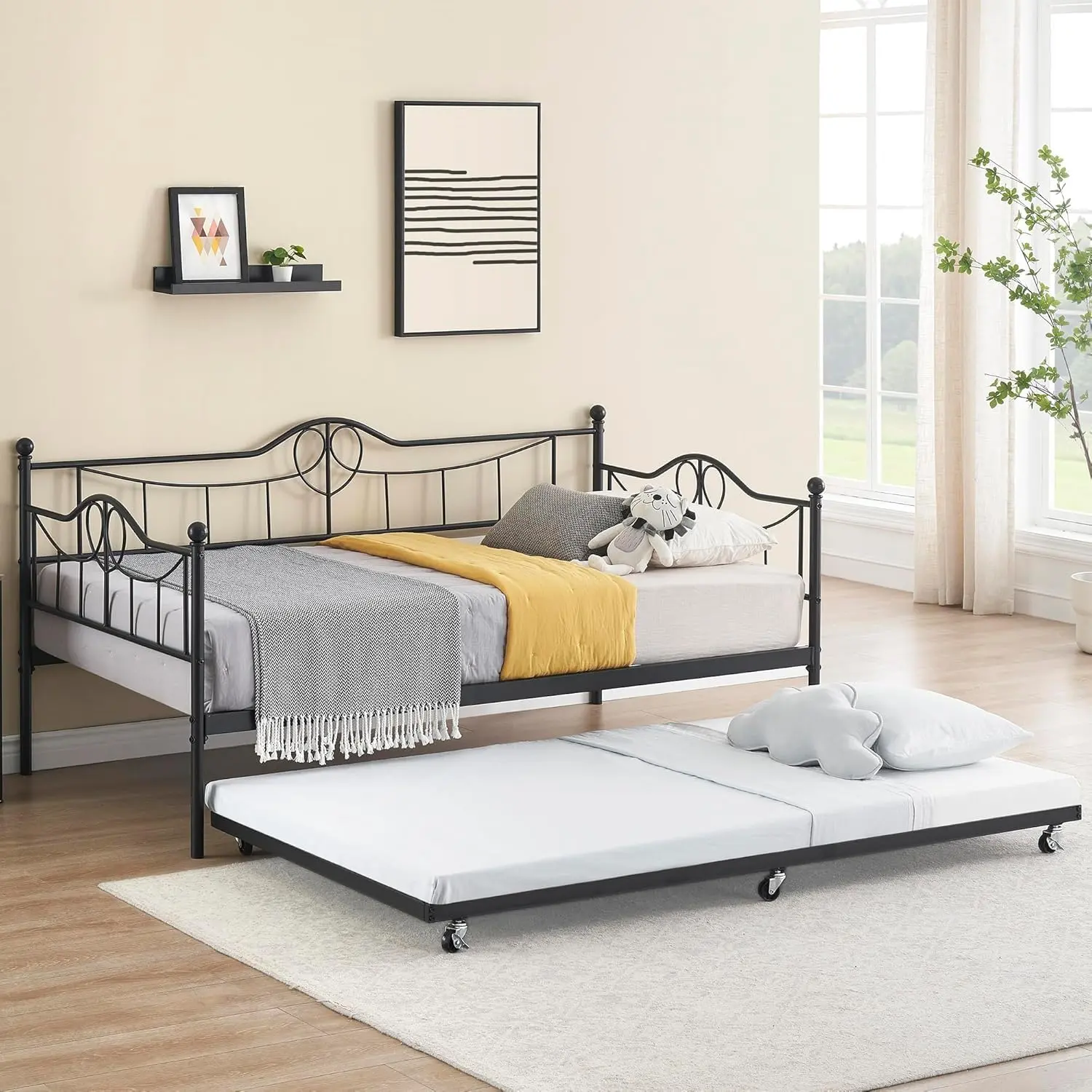 Gaomon Twin Metal Daybed with Pull-Out Trundle, Heavy-Duty Steel Platform Bed Frame, Convertible Double Sofa Bed for Living Room, Black, Easy Assembly Required