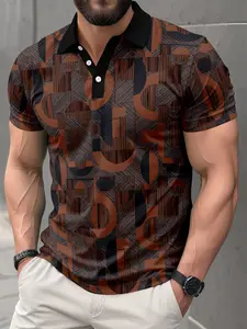 Retro Geometry Polo Shirt | Men's Luxury Casual T-shirt Brown and Black Letter Printed Polo Shirt | Summer Essential