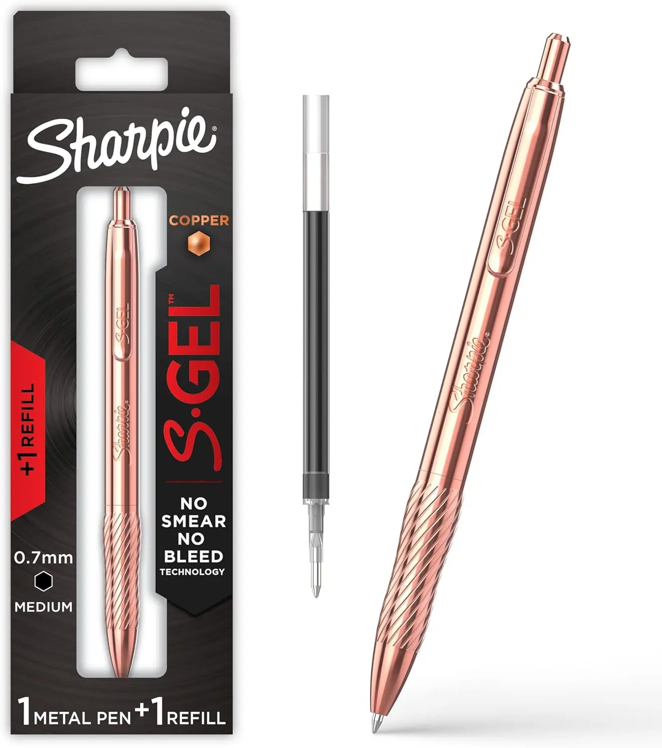 S-Gel Gel Pen, Copper Metal Body, Medium Point (0.7mm), Black Ink, Includes 1 Pen and 1 Additional Ink Refill