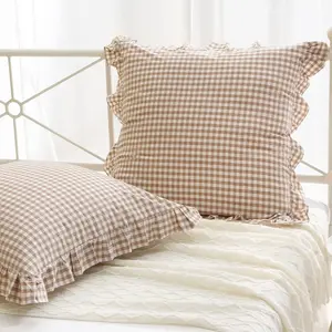 2 Pack Taupe White Plaid Ruffle Square Euro Pillow Shams, 100% Washed Cotton Gingham Camel Brown Fall Decorative Pillow Covers for Bed/Sofa - 26''x26''