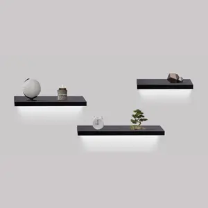 3-Set 31.5in Black Built-in LED Decorative Floating Bookshelf, Wall-Mounted with Invisible Brackets, Lightweight MDF Maple for Bathroom, Kitchen Storage & Wall Decor, Easy Installation for Books & Room Decor