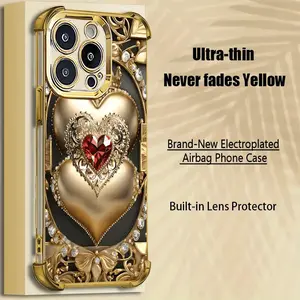 A luxurious phone case with a ruby heart design, electroplated four-corner anti-drop feature, suitable for iPhone 11 to 16 Plus, Pro, and Pro Max, featuring a fashionable and high-quality appearance, making it an ideal gift choice