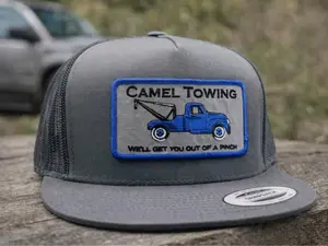 [BEST 2026] Camel Towing Snapback Trucker Hat, Grey Embroidered Tow Truck Patch Cap, Vintage Blue Logo Flat Bill Mesh Back Hat, Roadside Recovery Gift for Mechanics & Truck Lovers