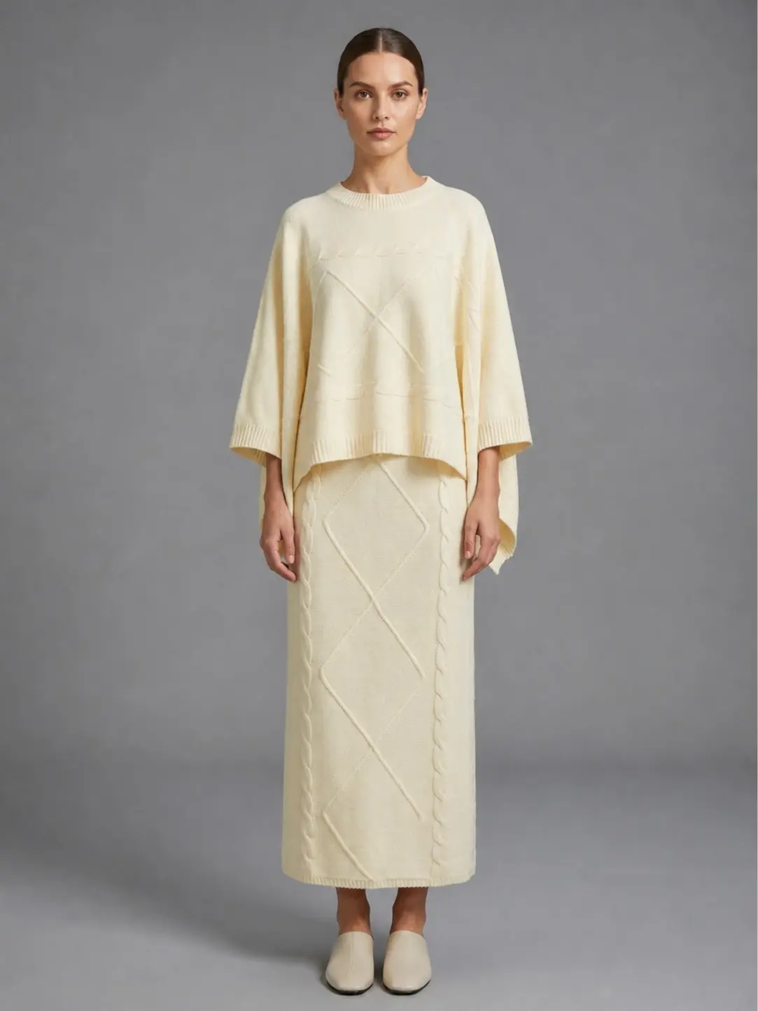 Women's 100% Acrylic Crew Neck Cable Knitting Pull-On Cream Clothes Set, Cozy Cable Knit Sweater & Skirt 2-Piece Women's Clothes Outfit Suits Womenswear