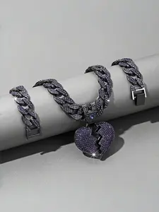 Fashion New Jewelry Heart Full Diamond Pendant Cuban Chain Cross Border Hip Hop Broken Heart Pendant Necklace Heart Shaped Necklace High End Necklace