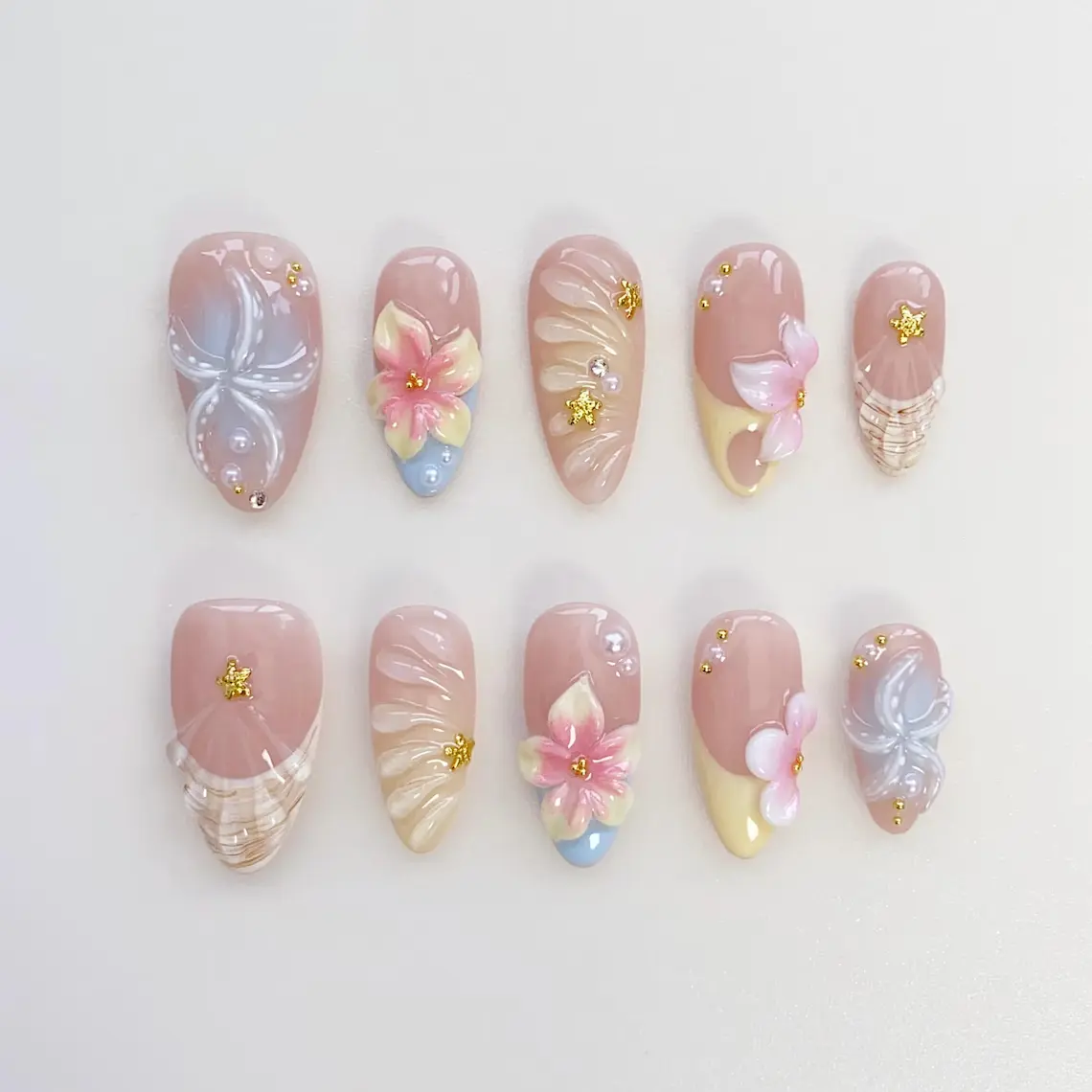 Starfish Bloom Elegance Press On Nails Short Almond Nails/Flower Nails/Yellow Nails/Spring Summer Nails/Shell Nails/Birthday Nails