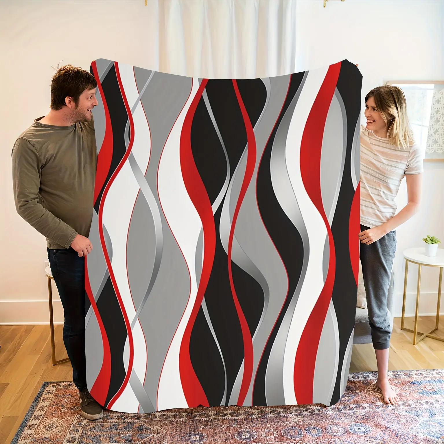 Abstract Wave Geometric Flannel Throw Blanket - Cozy, Modern, Soft & Warm Vibrant Red Black Gray White, Ideal for Home Decor, Napping, Great Gift for Friends,Hippie,Galaxy,Space Tapestry,UV,Reactive,Horror,Western,Galloping,Horse T,decorative,wal,boh,Boho