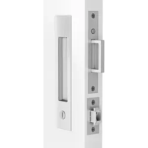 Pocket Door Handle and Edge Pull, Narrow Modern Rectangular Keyed Entry Function, Recessed Sliding Door Hardware for 1 3/8” to 2 3/16” Thickness Door, Privacy Lock, Brushed Nickel, 1 Pack