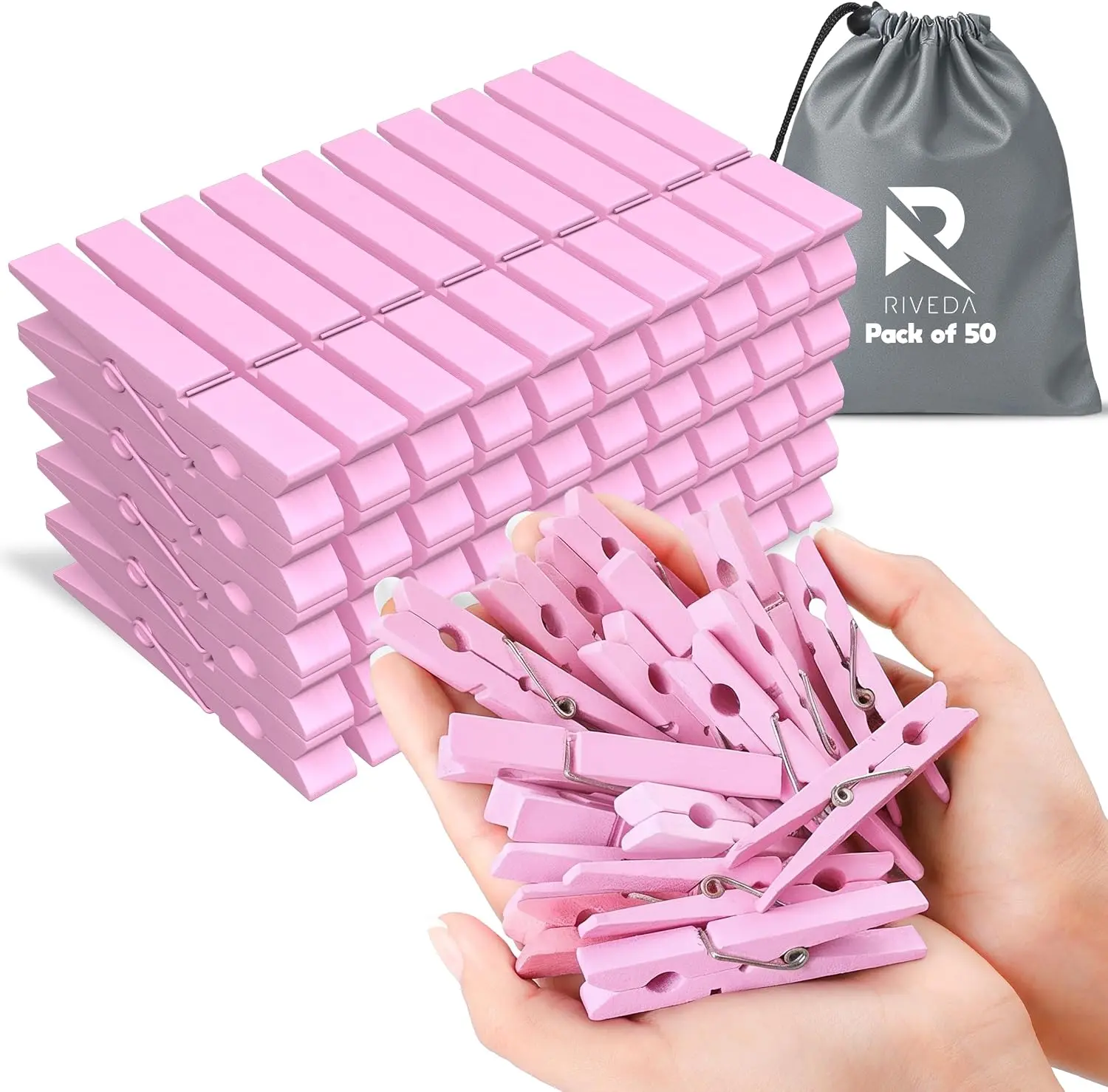 RIVEDA 50pcs Colored Wooden Clothes Pins, 2.9inch, Clothespins for Classroom, Clip Hanging Photos, DIY Clips for Crafts, Decorations (Light Pink)