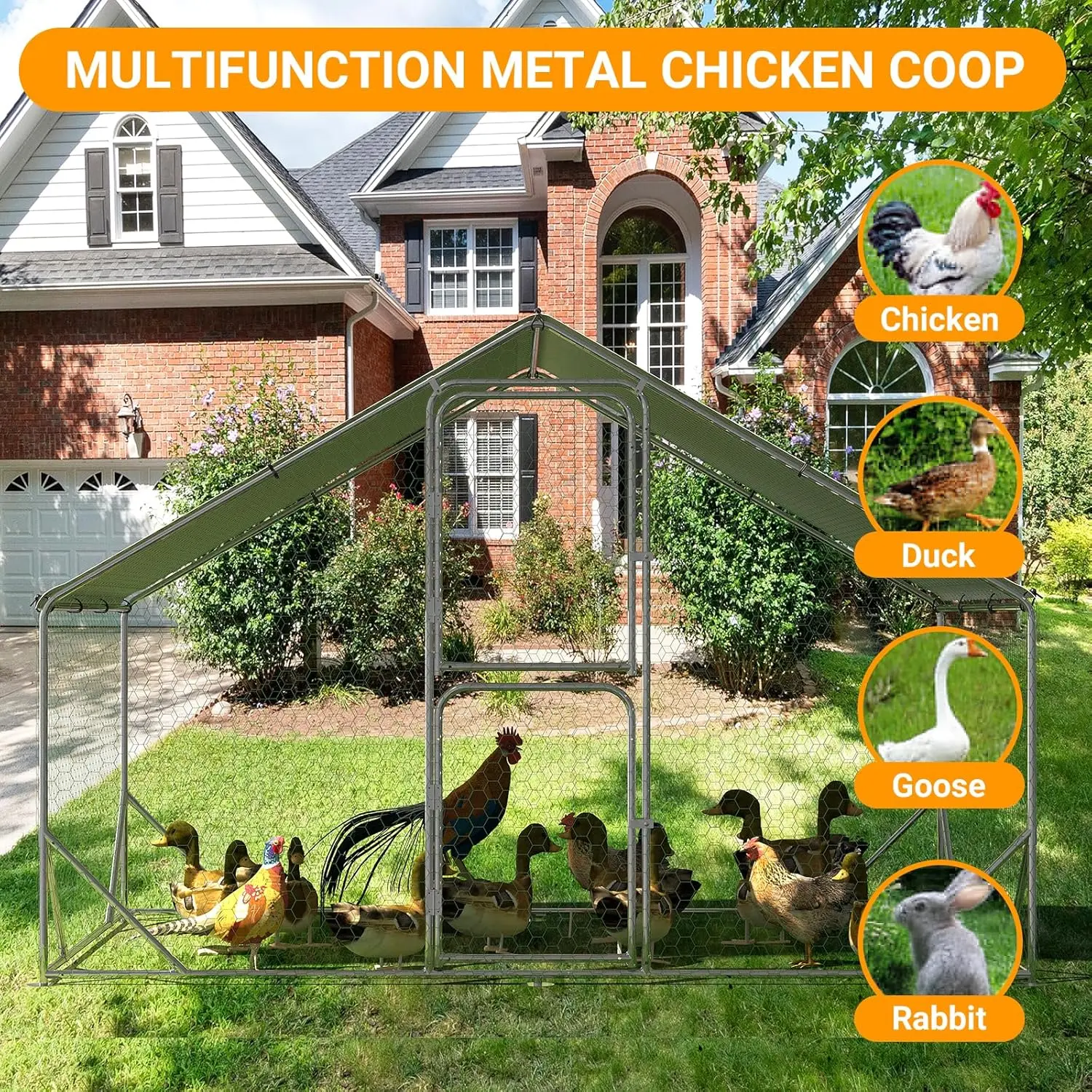 6FT Heavy-Duty Coated Metal Walk-in Chicken Coop - Outdoor Predator-Safe Poultry Cage for Farmers, All-Seasons Water-Resistant UV-Protection Cover, Lockable Double Doors, Peaked Roof, Easy Assembly, Enhanced Connectors (Suitable for Ducks), Double Door