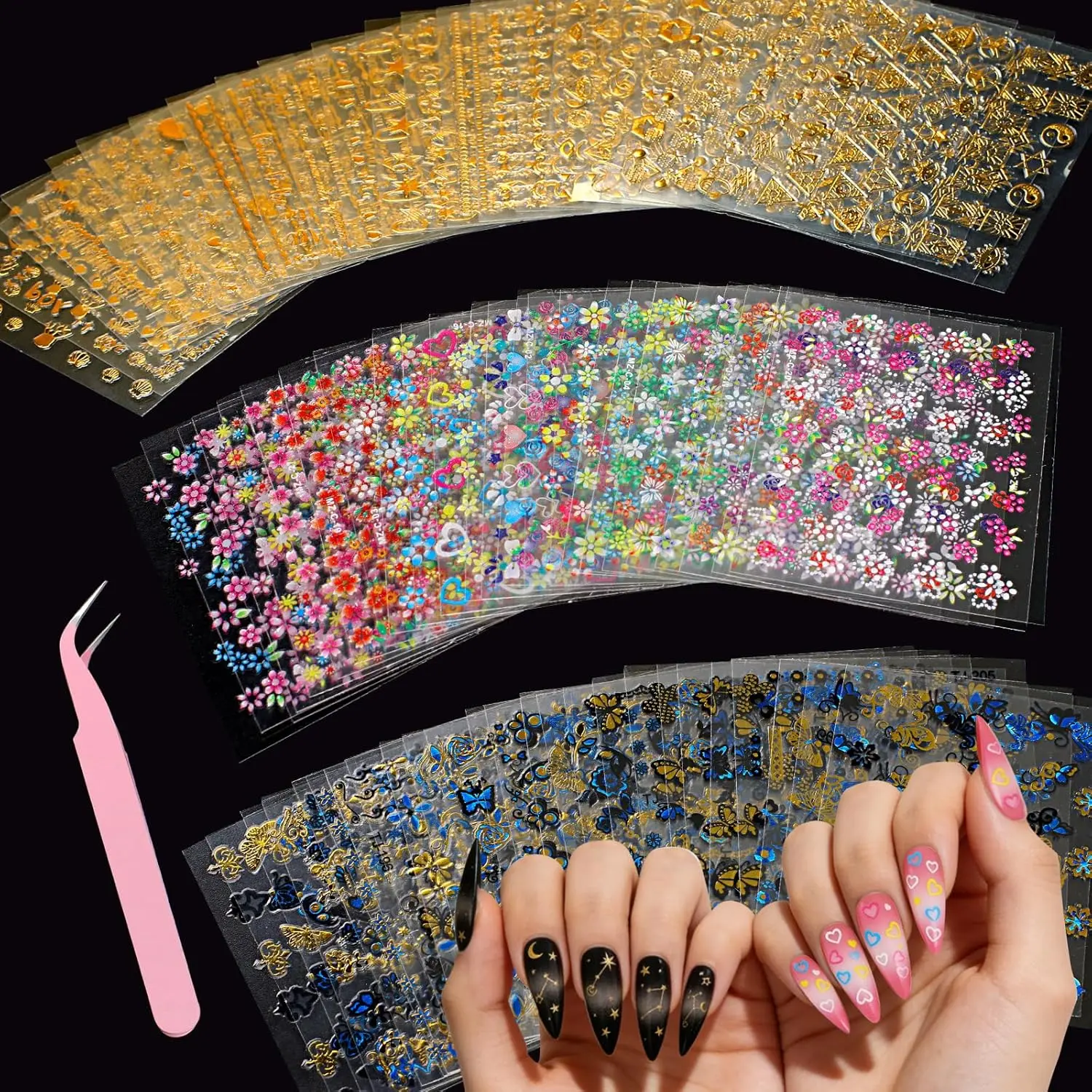 90 Sheets Nail Stickers for Nail Art DIY, 3D Nail Art Stickers Decals, Self Adhesive Floral Design Decals for Women and Girls
