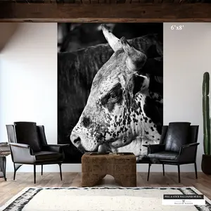 Aglined Bull Head Western Decor Mural Art - Peel And Stick Cowboy Poster,  Wall Art Photo,  Black White Print