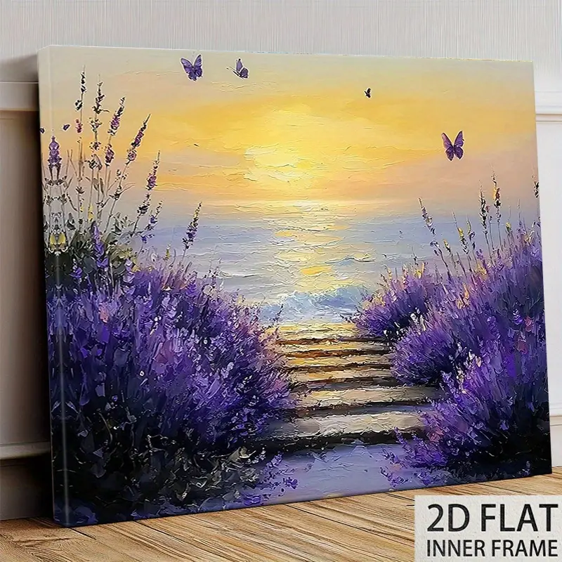 1 Piece Lavender Coast Sunset Canvas Wall Art - 2D Printed Gorgeous Butterflies and Lavender Fields, Edged Canvas Frame Decorative Painting, Suitable for Living Room and Bedroom Decoration - Summer Beach Theme Gift, Tranquil Scene Art, Textured Texture, P