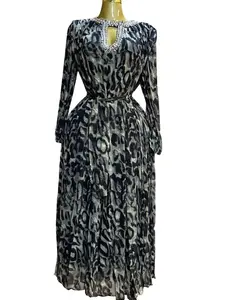 Women's Leopard Print Midi Dress Long Sleeve Crew Neck A-Line Slim Fit for Party Occasions Khaki Elegant & Casual