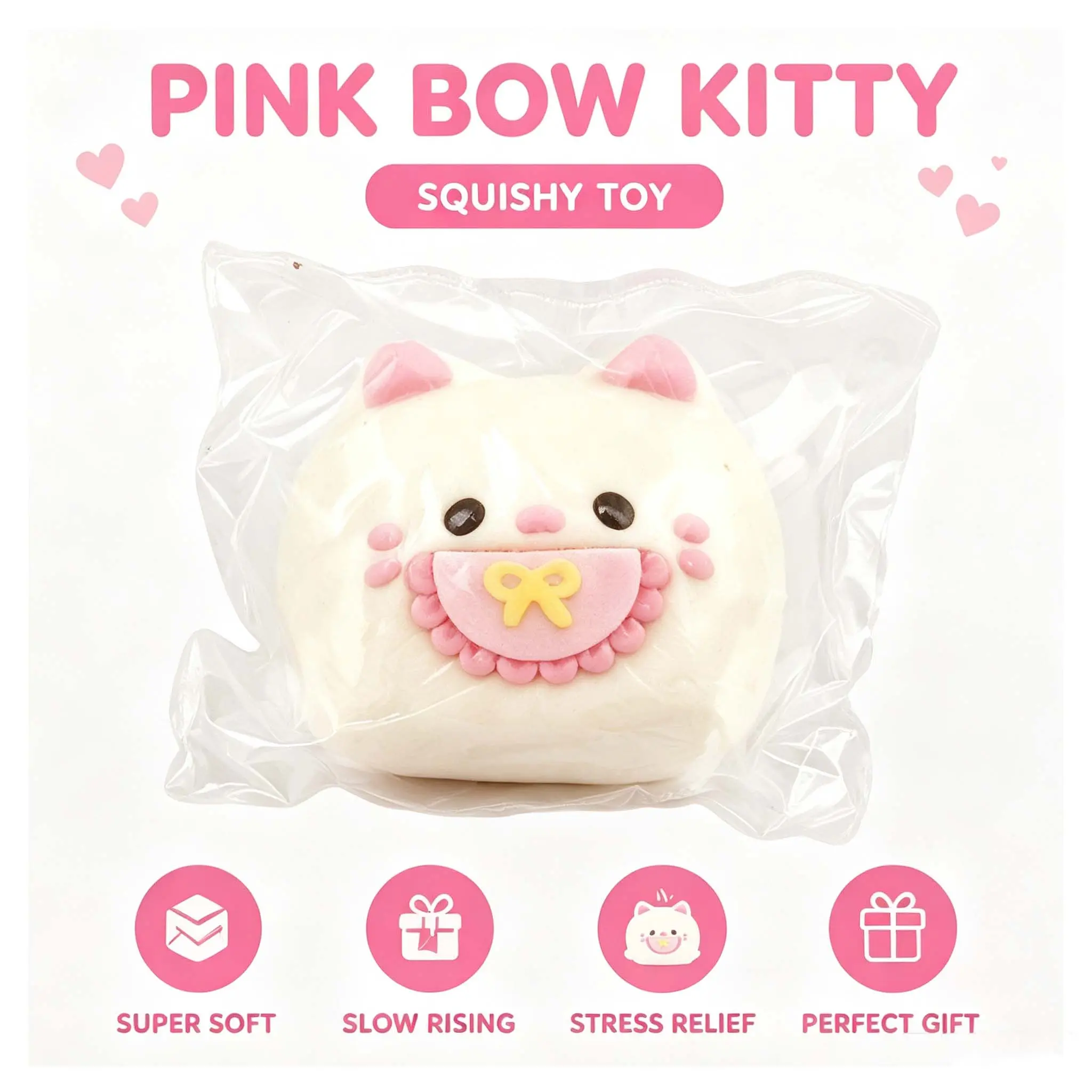 Pink Bow Kitty Squishy Toy, Kawaii Cat Stress Relief Fidget Toy, Slow Rising Soft Squeeze Sensory Gift for Kids & Teens