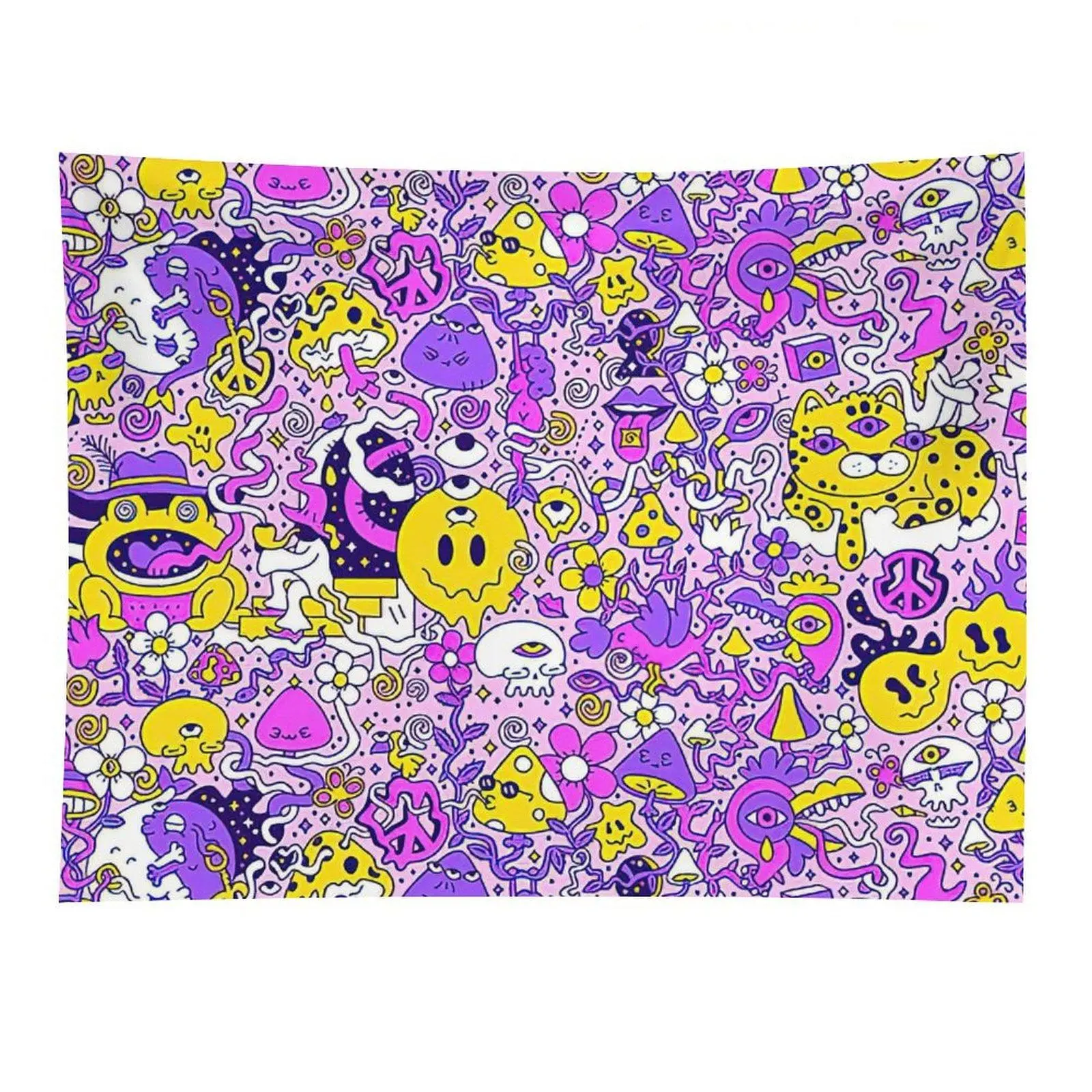 Psychedelic Doodle Pattern Tapestry Purple Yellow Trippy Wall Decor