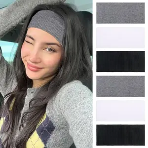 6 Packs Wide Headbands for Women Non Slip Boho Knitted  Bands  Fashion Headband Thick Ribbed Hairbands Workout Outdoor  Hair Accessories (Black, White, Dark Gray)