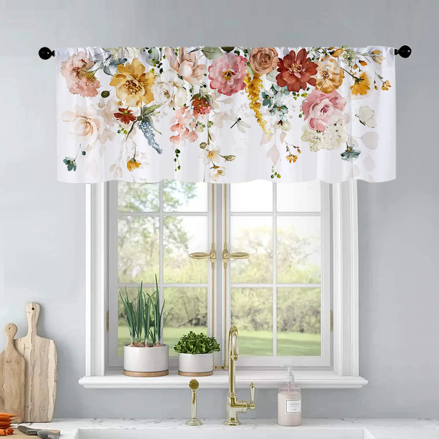 1Pc Spring Flower Watercolor Painting printed kitchen curtains Window Curtain living room bedroom bathroom home decoration Window Decorations Supplies 54 * 18 inches