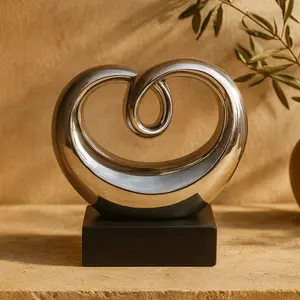 Abstract Silver Ceramic Swirl Decorative Sculpture with Black Base