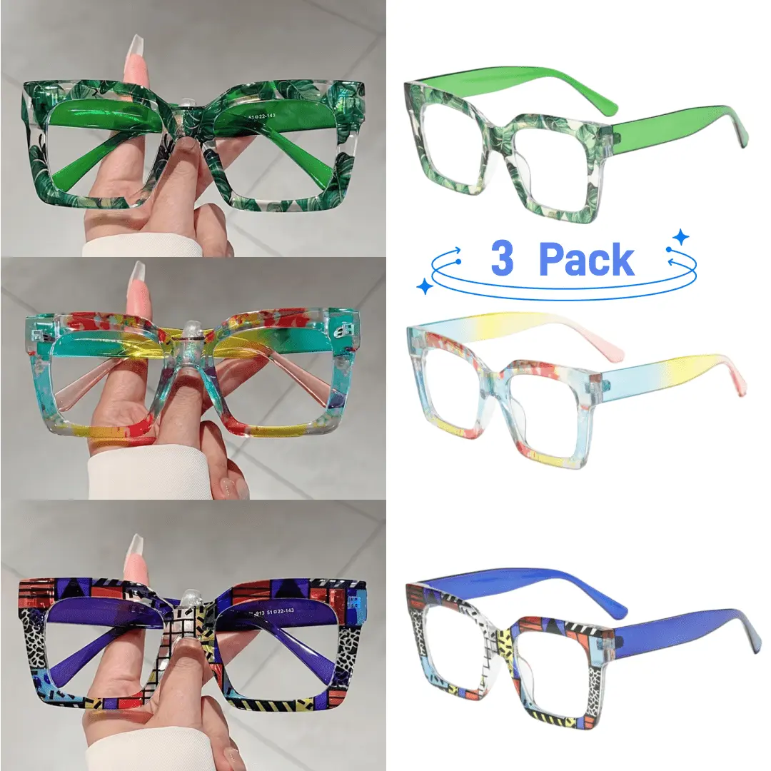 3Pair of Vintage-Inspired Women'S Square Frame Glasses with Floral Design - Clear Lenses, Metal Hinges, Perfect for Daily Use & Stylish Streetwear, Stylish Accessory |   Vintage-inspired design |   Durable Glasses002