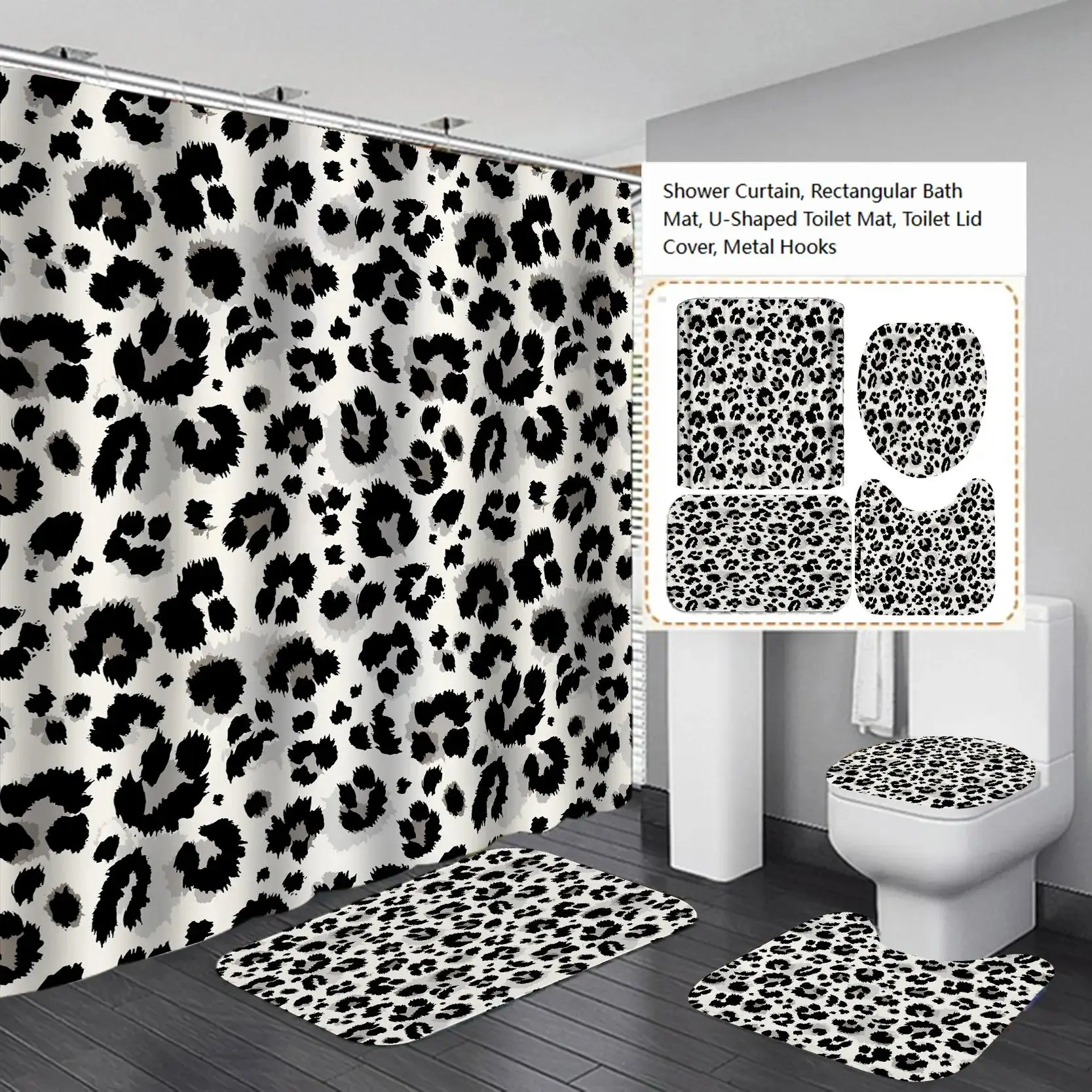 Polyester Waterproof Black White Leopard Print 4-Piece Shower Curtain Set - Bathroom Decor Kit with Non-Slip Bath Mat, Toilet Lid Cover, U-Shaped Rug, Bathroom Sets Full Set