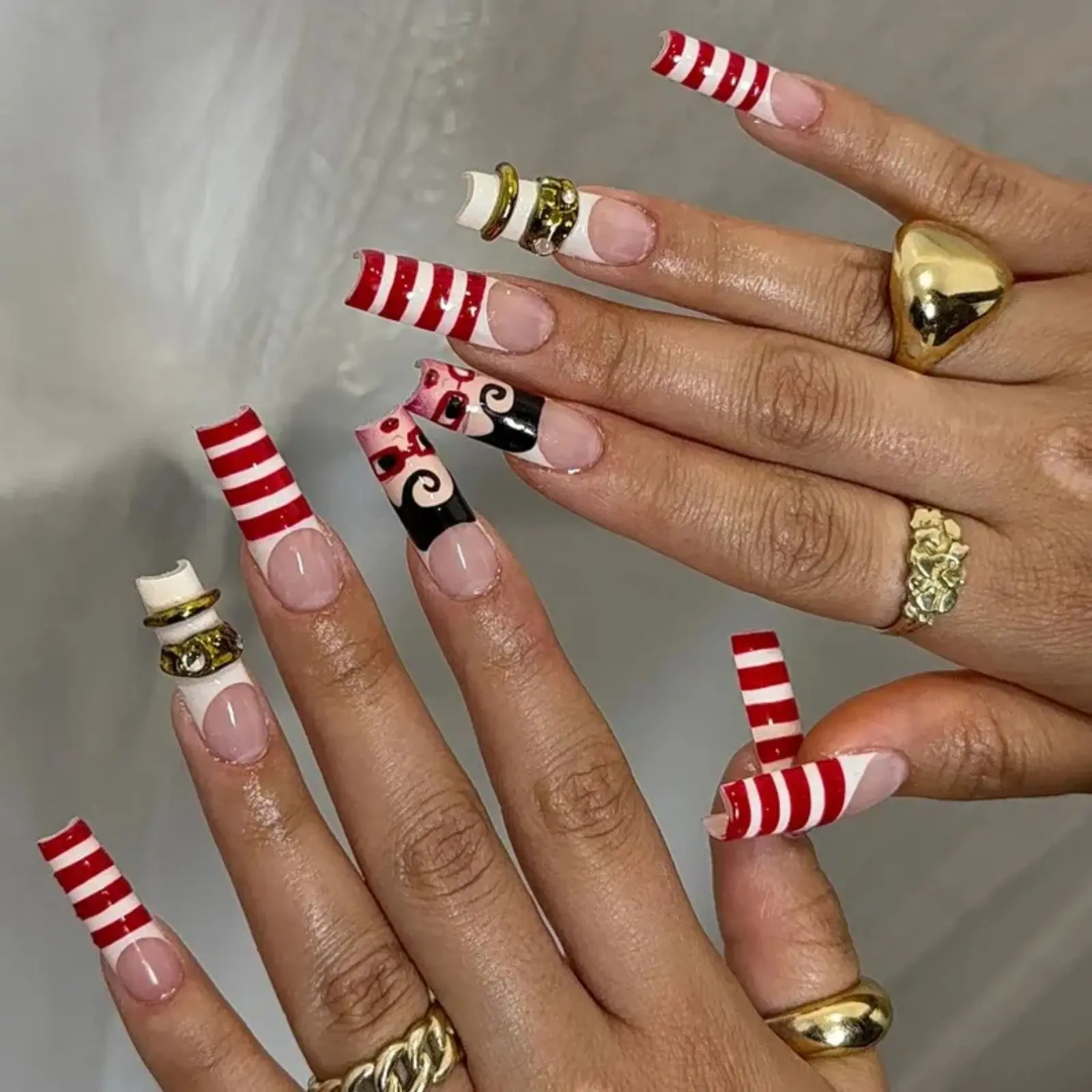 Red & White Candy Cane Christmas Press-On Nails | 3D Bow, Gift Wrap & Holiday French Tip Long Square Nails