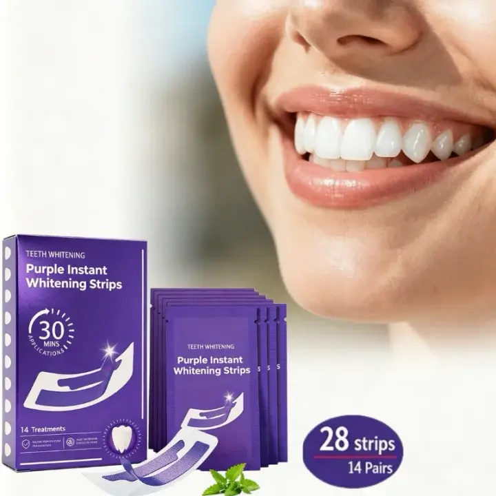 28 Counts Purple Teeth Whitening Strips, 14 Days Treatment, Peroxide-Free, Enamel Safe & Non-Sensitive, Fast Stain Removal for Yellow Teeth, Breath-Freshening Mint Gel, Color-Correcting Bright Smile Care for Daily Oral Use