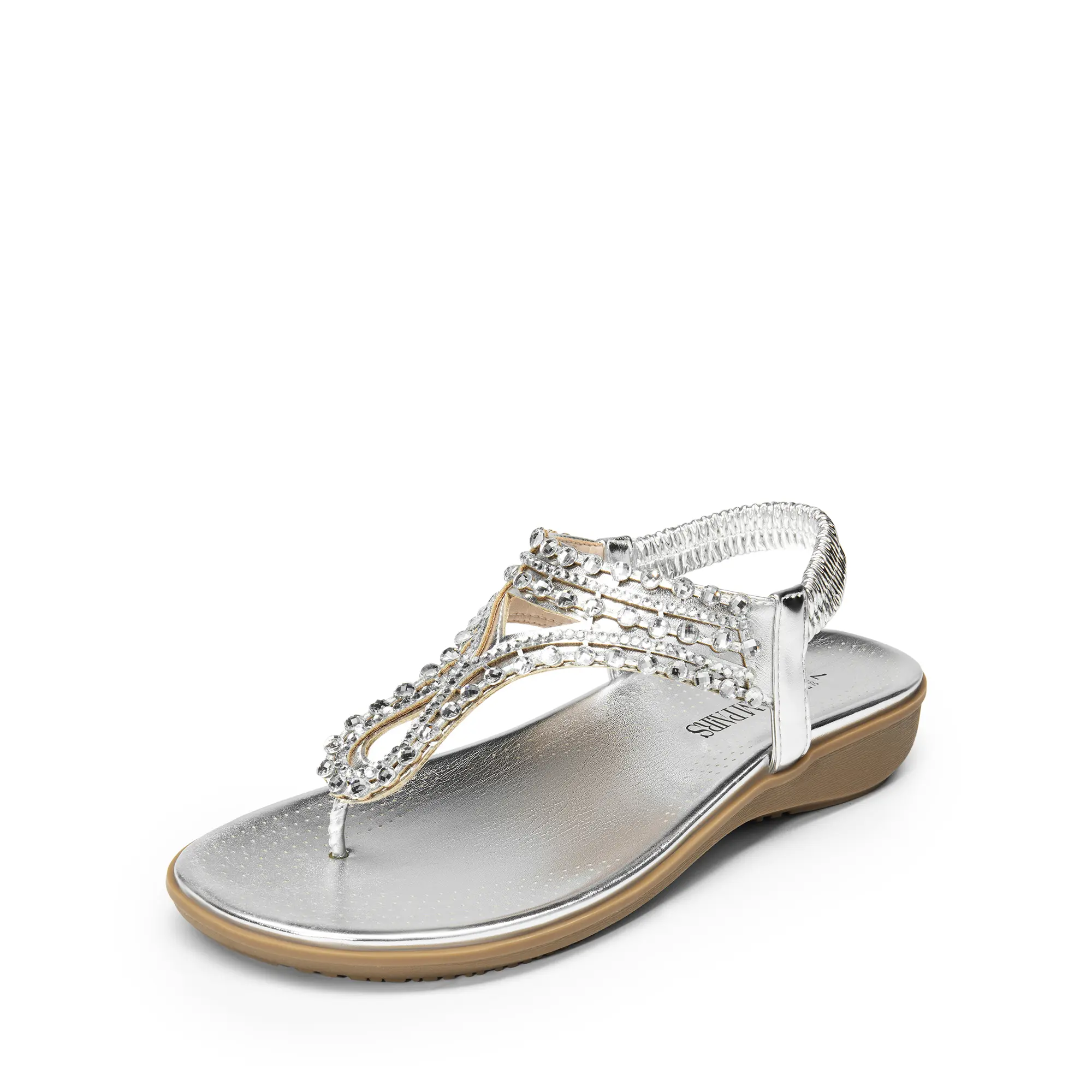 DREAM PAIRS Women's Rhinestone-Decor Round Toe Flat Sandals - Comfortable Elastic T-Strap Thong Cute Dressy Footwear for Summer Beach, Sandals Women, Round Toe Sandals
