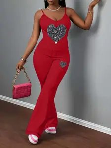 Women's Fashion Cami Top & Long Pants Set, Camisole, Heart Pattern Print, Sexy Fitted Design, All Seasons Wear, 2 Piece