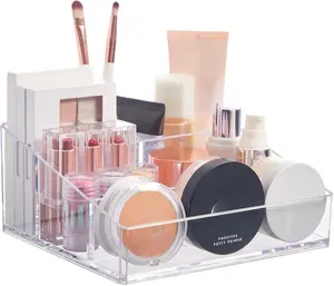 Clear Plastic Vanity Makeup Organizer | Compact Rectangular 4-Compartment Holder for Brushes, Eyeshadow Palettes, & Beauty Supplies | Made in USA Container Bin Boxes Cotton Room