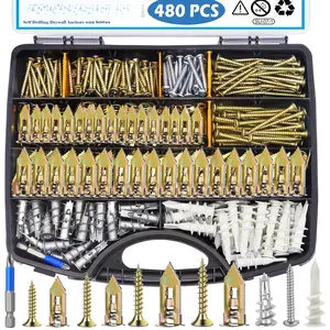 480 count Self Drilling Drywall Anchors Kit with Screws - 4 Sheetrock Anchors & 5 Screw Sizes (2025 Upgraded), No Drill Needed, Zinc Plated Steel and Plastic, Heavy Duty Wall Anchors