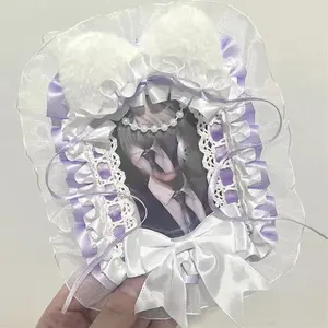 1Pc Plush Lace Photo Card Holder, Available in Yellow, Blue, Green, Purple, Pink, Featuring Cartoon Anime Characters, Suitable for Displaying and Holding Small Cards, Can Be Hung on a Backpack or Used as a Decorative Card Holder for Ita Bags