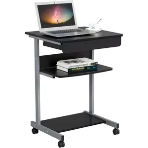 Mobile Compact Computer Desk Cart for Small Spaces, Work Workstation, Writing Desk Table with Drawers and Printer Shelf on Wheels