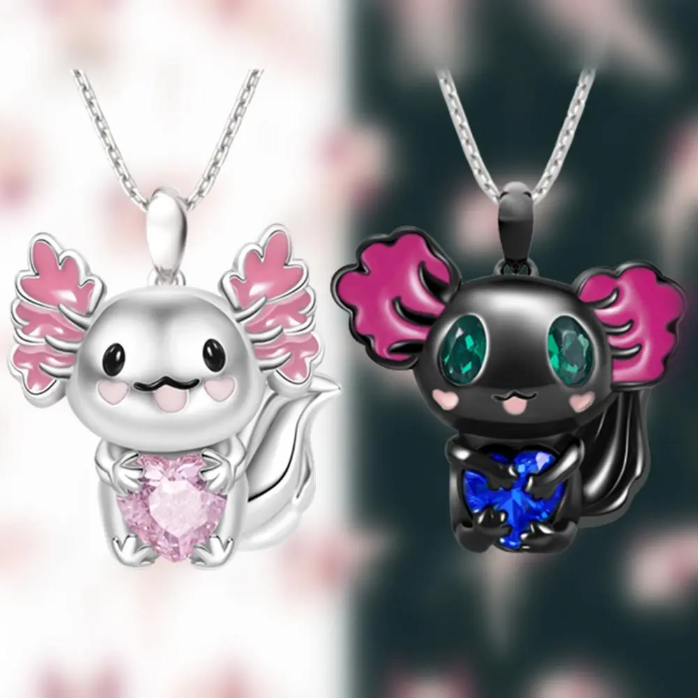 2Pcs Cute Cartoon Black And White Axolotl Zinc Alloy Pendant Necklaces - Exquisite Costume Jewelry, Couples/Sisters Accessories With Cute Axolotl Art Adds Playful Charm, Zinc Alloy Gives A Polished Look For Birthday Gifts, Fashion Cool Accessories