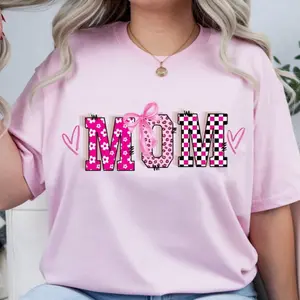 Mom T-Shirt with Pink Floral and Checkered Design.