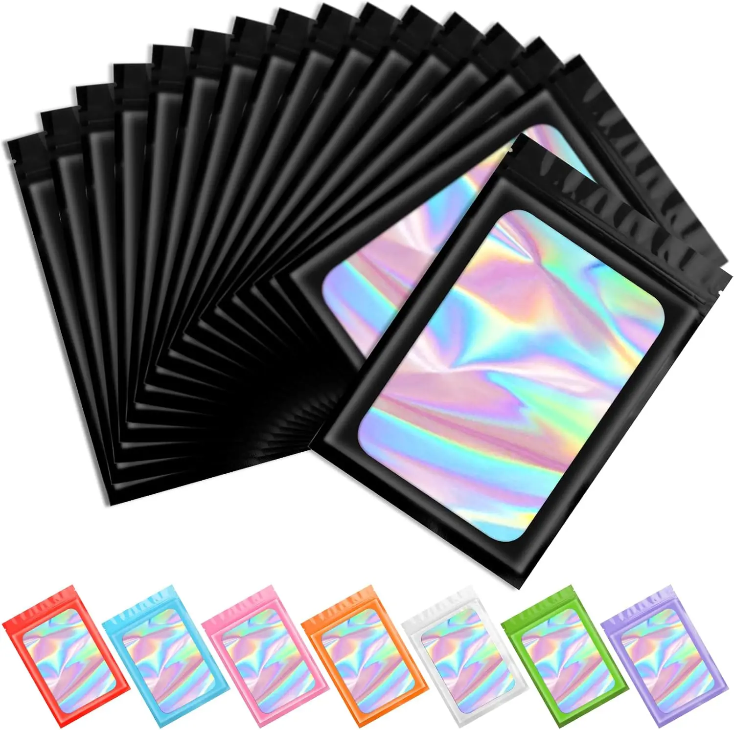 100 Pcs Black Holographic Mylar Bags | 2.4x3.9” Clear Front Resealable Packaging | Smell Proof Foil Pouch for Lip Gloss, Jewelry & Lashes | Aesthetic Small Business Supplies