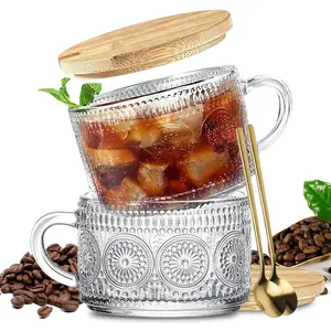 400ml/13oz Glass Coffee Mugs Set of 2, Vintage Glass Coffee Cups with Bamboo Lids and 2pcs Spoons, Clear Espresso Cups for Hot/Cold Beverages, Cappuccino, Latte, Espresso Coffee, Juice, Stylish Drinkware, Tea, Aesthetic