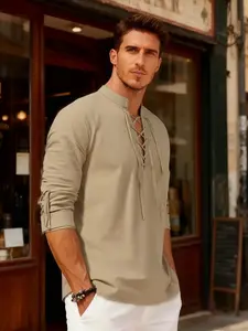 Men's solid color stand-up tie lace lace-up long-sleeved shirt - suitable for casual wear in daily life. Retro lace-up design on the front, soft, comfortable and breathable fabric, casual retro street style, essential item for men's wardrobes