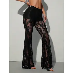 Spring Summer Women's Lace Patchwork Sheer Flare Pants Sexy Y2K Bell Bottoms High Waist Slim Fit Streetwear Party Clubwear Fashion Trousers