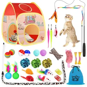 34Pcs Cat Toys Kitten Toys, Interactive Kitty Toys with Collapsible Cat Tunnels Tent, Cat Wand Catnip Feather Teaser