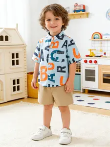 Boys' Letter Print Stand Collar Short Sleeve Shirt Set, Casual College Style, Breathable Skin-Friendly Fabric, Fits 6 Months to 3 Years