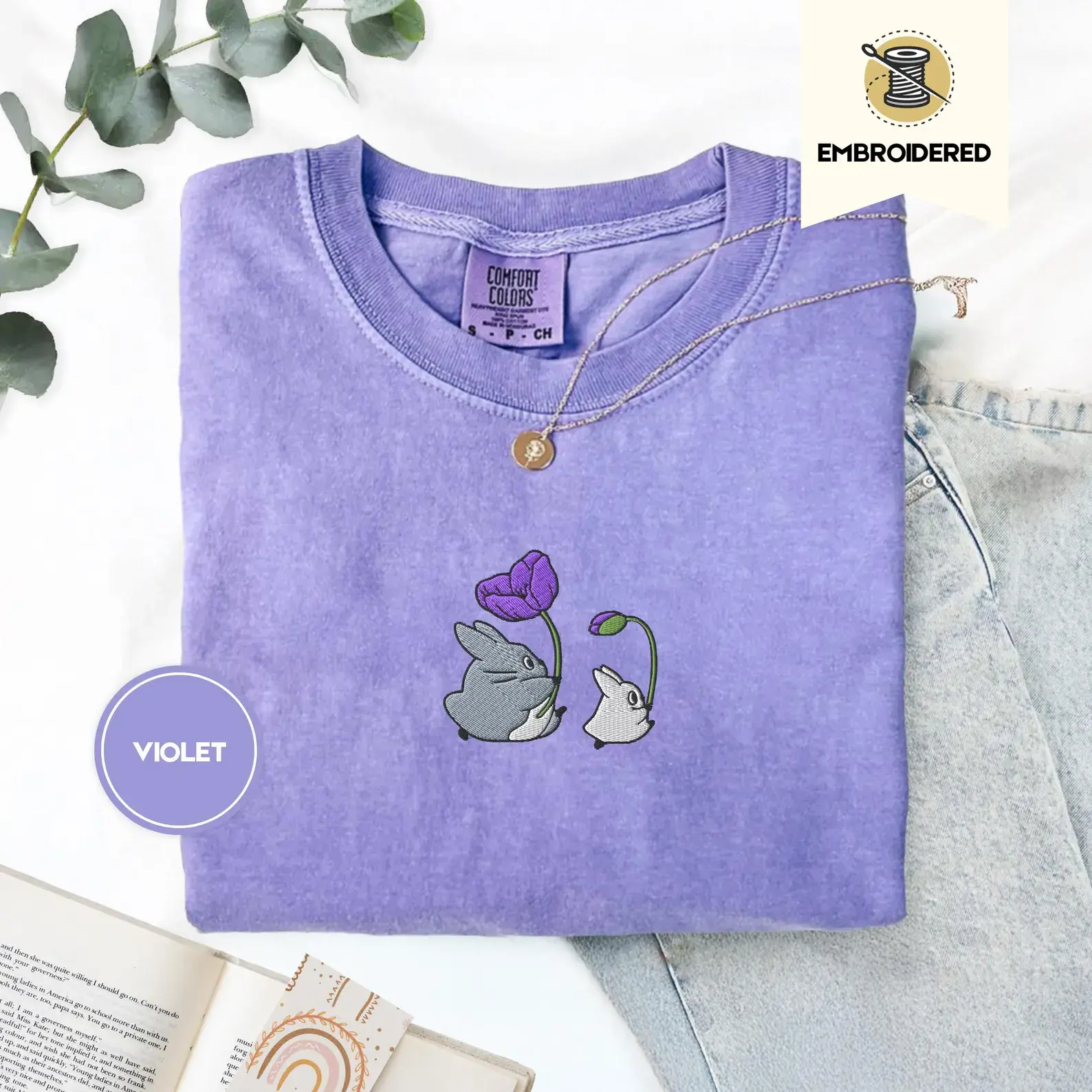 Embroidered My Neighbor Totoro Forest Spirits and Flowers Shirts, Vintage Cute Japanese Anime Tee, Whimsical Ghibli Fan Gift